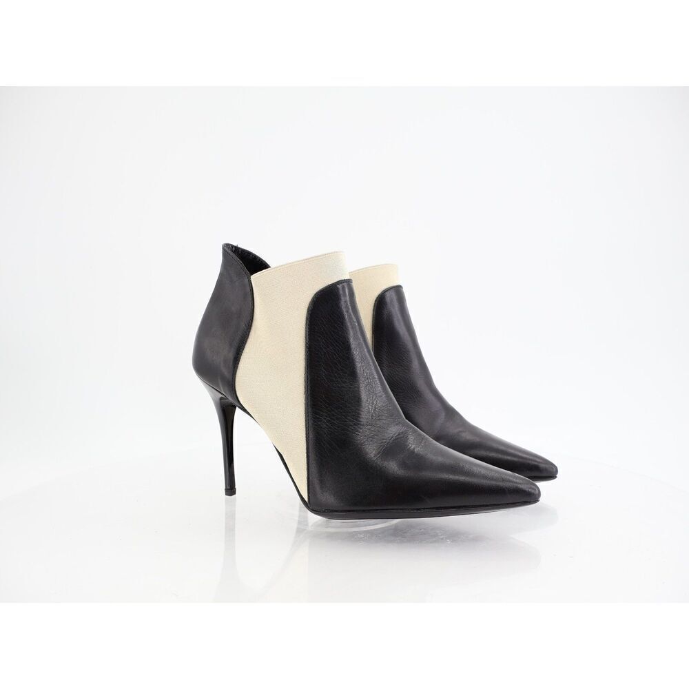 BEAUTIISOLES Abby Pointed Toe Bootie Black White Stiletto Heel Pull On Boot Sz 8